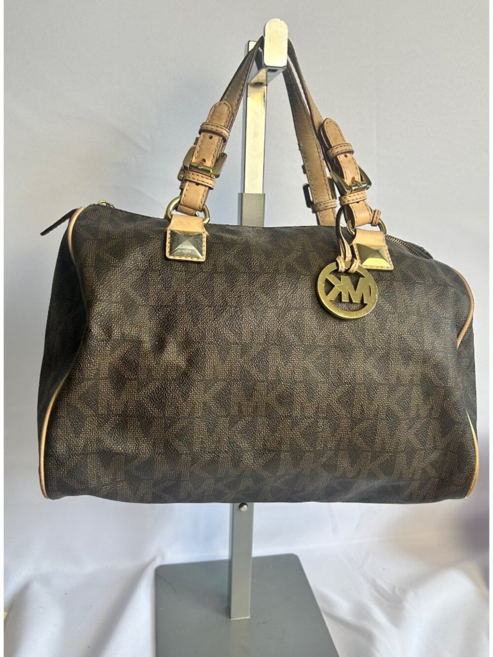 Michael Kors Grayson Brown Monogram Handbag w/ Beige Straps & Gold Tone Hardware